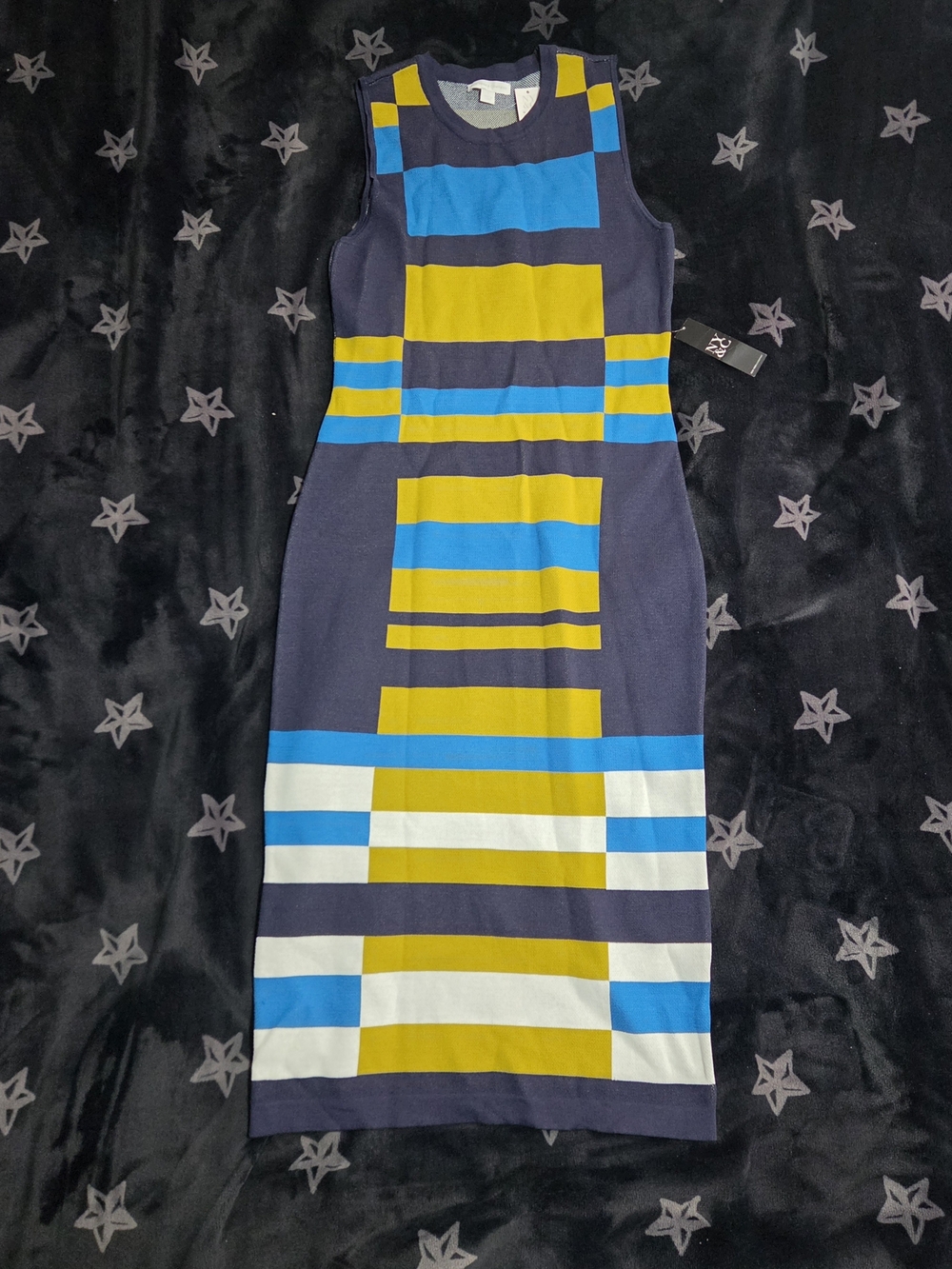 New York & Company Navy, Yellow & Blue Striped Midi Dress